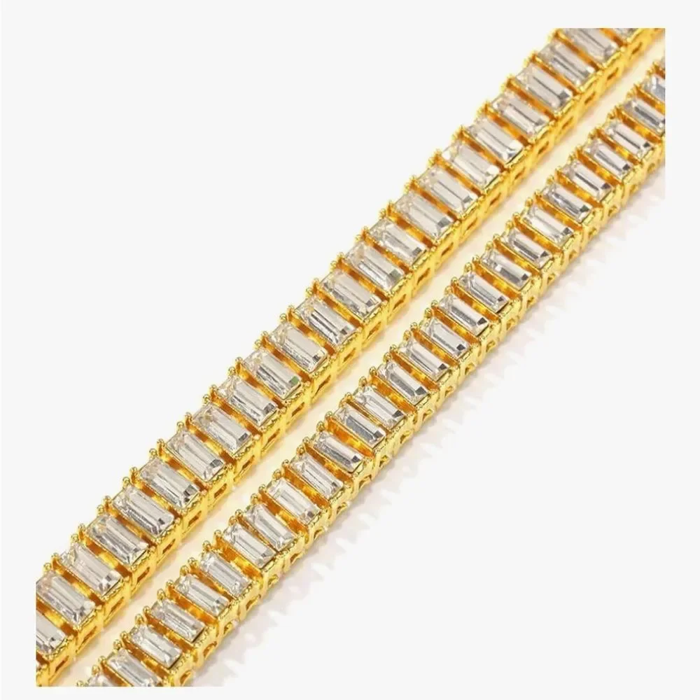 14K Gold Baguette Tennis Chain Necklace Iced Out HipHop Simulated Lab Diamond